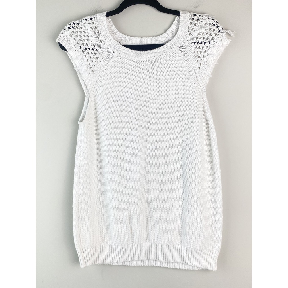 Banana Republic Womens Cotton Knit Sweater Top S White Short Sleeve Fringe Boho